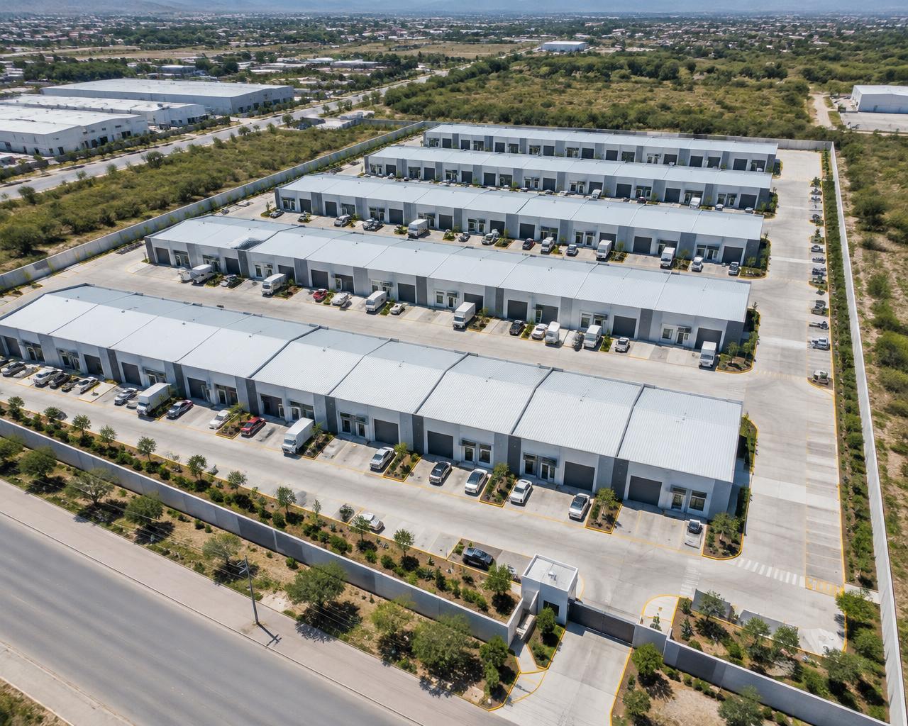 Vista aérea conceptual del parque industrial II con bodegas pequeñas